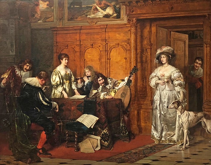 Gustav Frederich Papperitz, Woman with a Greyhound Greeting Musicians
Oil on Panel