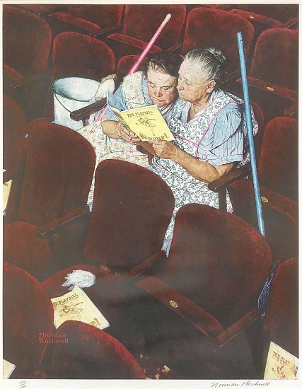 Norman Percevel Rockwell, Two Lady Janitors Seated Looking at a Playbill
Color Lithograph