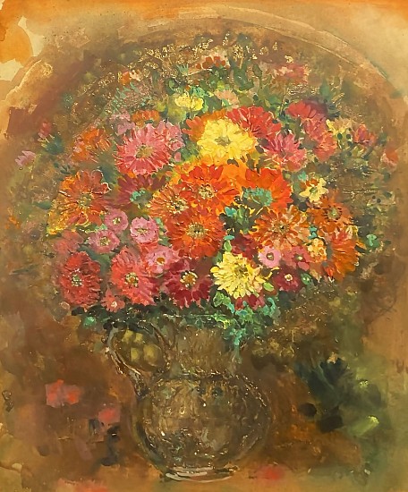 Mary Jane Bigler, Still Life of Bouquet with Pink, Orange, Yellow, and Crimson Carnations
Oil on Canvas