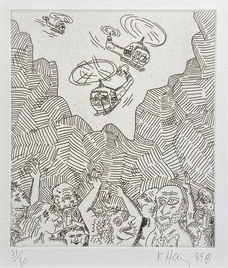 Keith Haring, Helicopters, Mountains, People (from The Valley Suite)
1989, Engraving