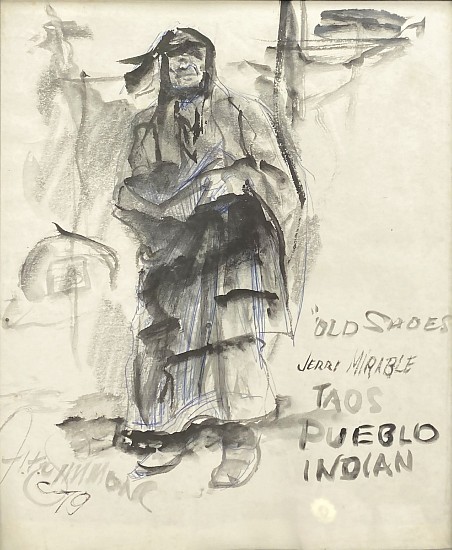 J. Simmons, Sketch of “Old Shoes” Jerry Mirable, Taos Pueblo Indian
1979, Mixed Media