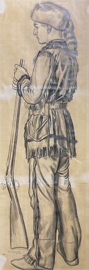 Charles Quest, Study of Young Soldier Facing Left with Wearing Coon-Skin Hat with Musket<br />
For Lousiana Purchase Mural
1934, Pencil Drawing on Paper
