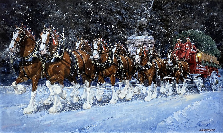 Don Langeneckert, A&B Clydesdales Coming Through Grant's Farm Gate on a Snow-Covered Evening
2002, Oil on Canvas Laid To Masonite