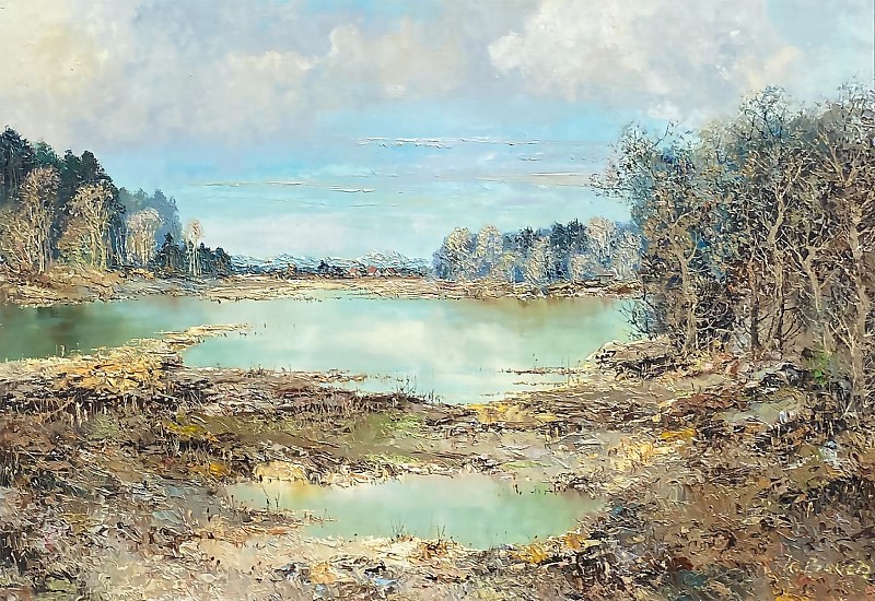 Willi Bauer, River Landscape with Cottages in the Distance
Oil on Canvas