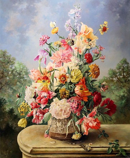 Franz Leitgeb, Floral Still Life, Cameo Pot in Landscape
Oil on Canvas