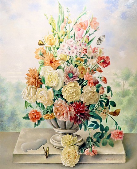 Franz Leitgeb, Floral Still Life in Fluted Bowl in Landscape
Oil on Canvas